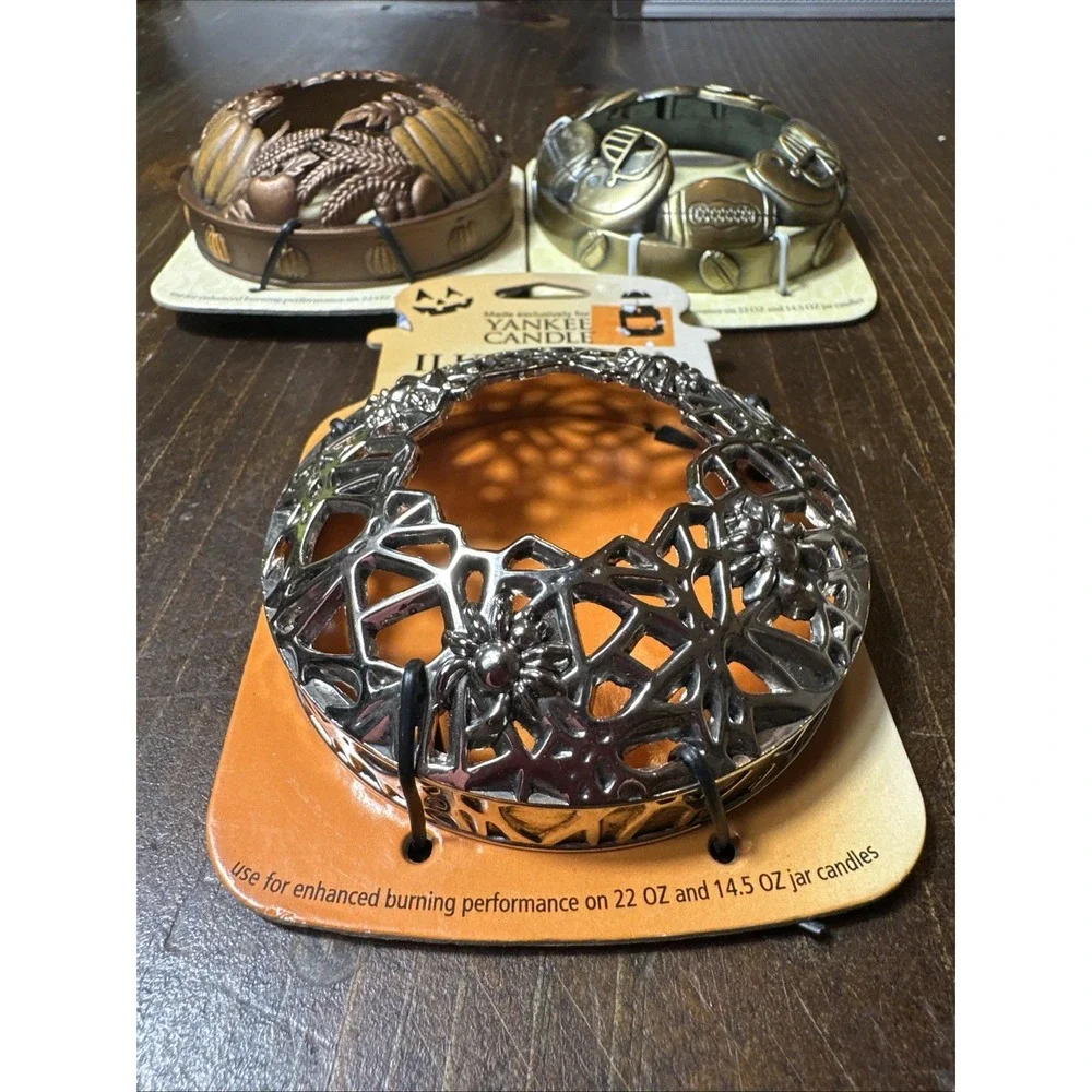 Yankee Candle 3 Lot Illuma Lid Topper Metal Gold Fall Halloween Football Spider